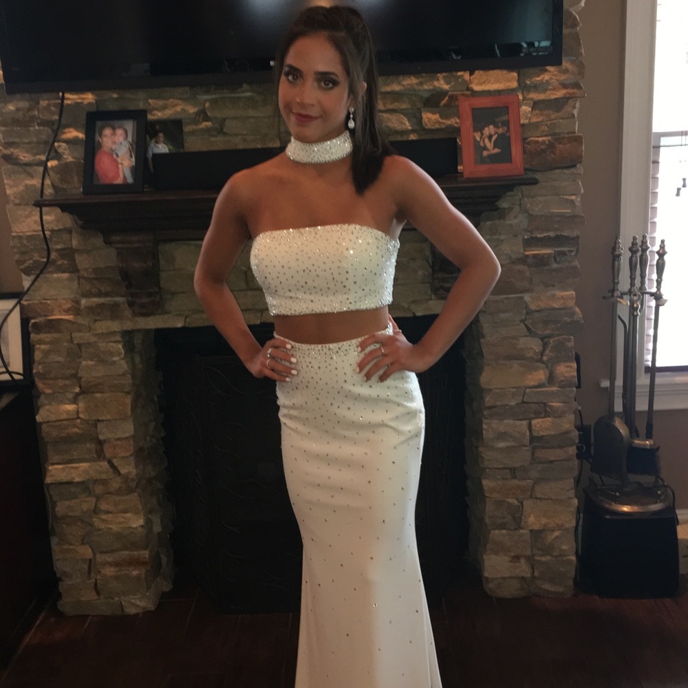 Beautiful white beaded bandeau prom dress